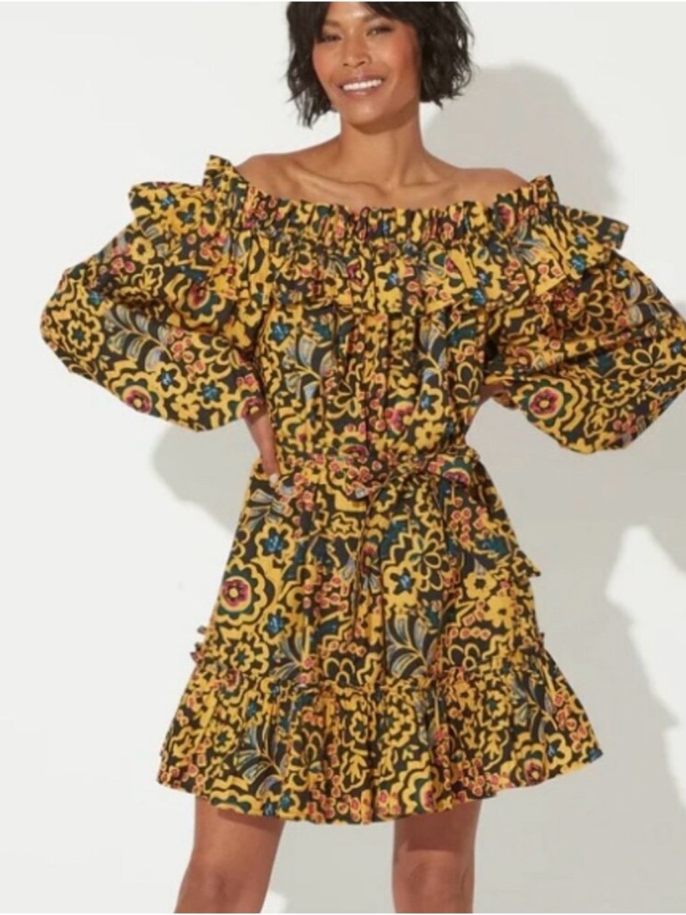 Cleobella Yellow Floral Off-Shoulder Ruffle Mini Dress - Picture 1 of 3